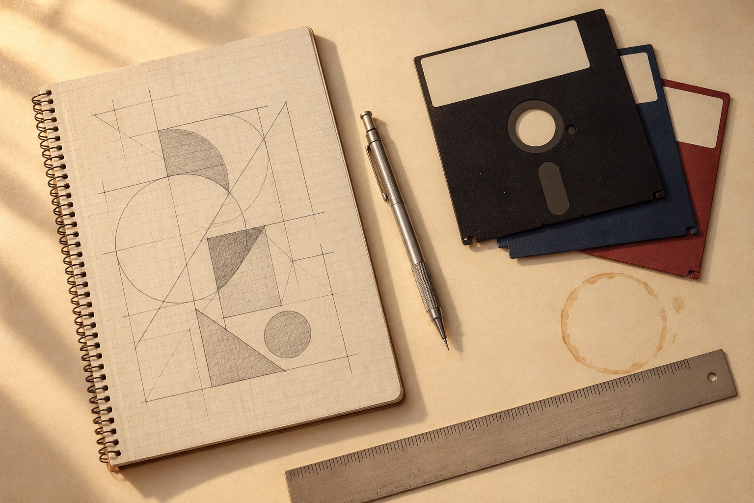 A designer's desk with graph-paper sketches, a pencil, and floppy disks